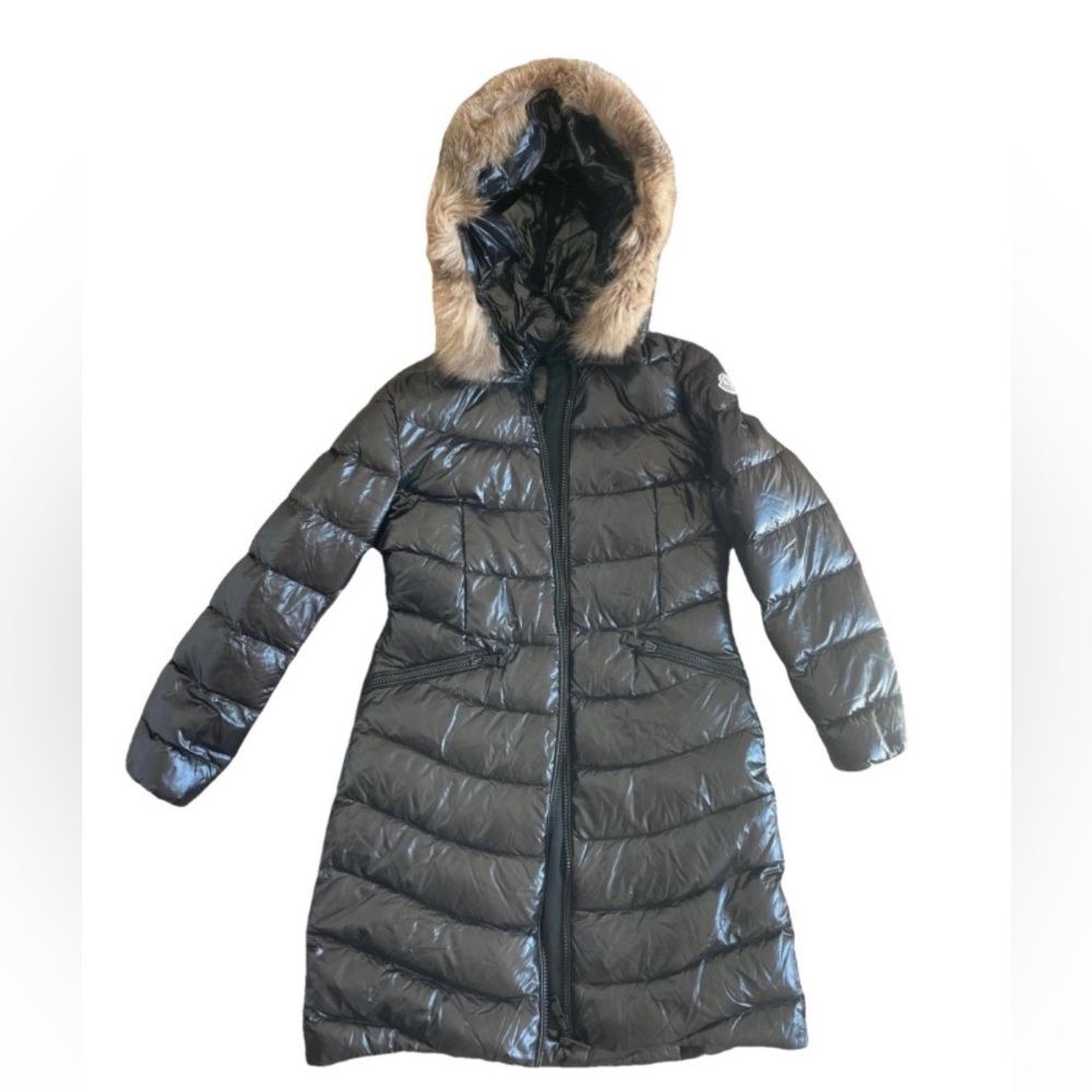 Moncler Fulmarus Chevron Puffer coat Sz 2 Long Down Fur Trim Authentic